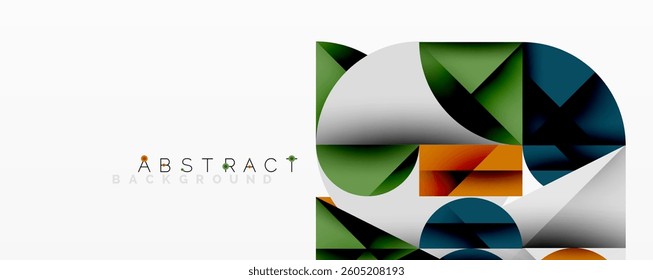 Abstract geometric design with intersecting circles, triangles, squares and sharp angles creating a layered composition with gradients, depth, and contrast