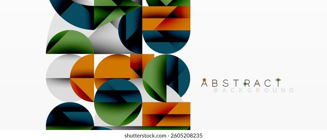 Abstract geometric design with intersecting circles, triangles, squares and sharp angles creating a layered composition with gradients, depth, and contrast