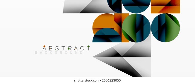 Abstract geometric design with intersecting circles, triangles, squares and sharp angles creating a layered composition with gradients, depth, and contrast