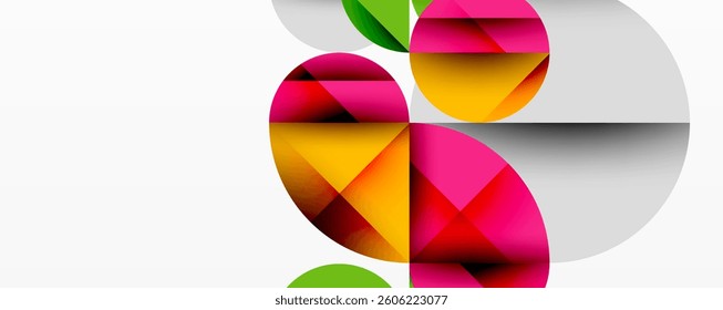 Abstract geometric design with intersecting circles, triangles, squares and sharp angles creating a layered composition with gradients, depth, and contrast