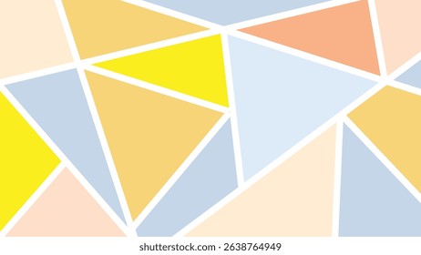 Abstract geometric design with irregular triangles in pastel shades of blue, yellow, peach and cream, bordered by thick white lines. A harmonious and balanced mosaic look, perfect for contemporary dec