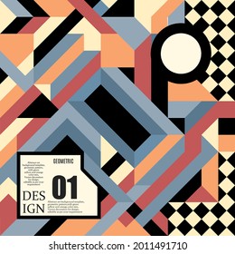 Abstract geometric design with layered 3D blocks in muted tones of beige, grey,cream color and black, alongside checkered patterns and a bold circular element for modern visual contrast.