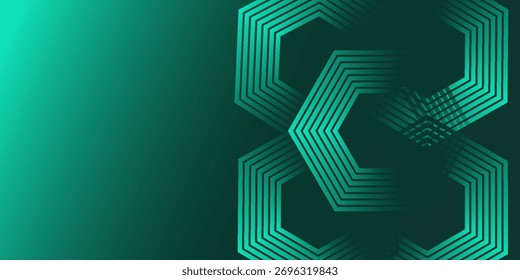 Um design geométrico abstrato com um padrão hexagonal em camadas em verde-turquesa. O gradiente do verde claro para o verde escuro cria uma sensação profunda e futurista