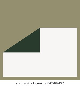 Abstract geometric design with a minimalist style. Features a white rectangle and a dark green triangle on a muted olive background. Simple and modern aesthetic. Frame vector with copy space.