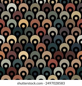 Abstractas diseño geométrico con puntos multicolores y círculos sobre fondo negro. Art Deco inspirado. Patrón de repetición sin fisuras en estilo retro Simple y elegante.
