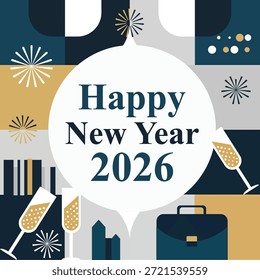 Abstraktes geometrisches Design mit Neujahrsgrüßen und Festelementen 2026