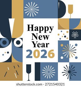 Abstraktes geometrisches Design mit Neujahrsgrüßen und Festelementen 2026