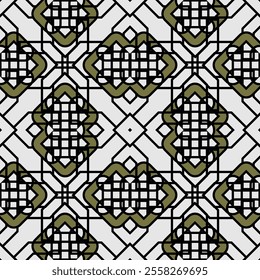 Abstract geometric design, olive green and black color scheme, intricate interlocking shapes, symmetrical pattern, modern and traditional blend, ideal for wallpapers, fabrics, and digital art