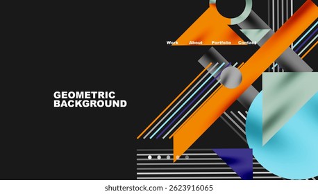 conception géométrique Abstrait. Orange, bleu, formes blanches se chevauchent sur fond noir. Menu de navigation présent. Composition moderne et dynamique.