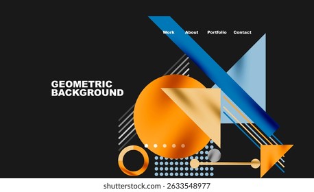 Abstract geometric design. Orange circle overlaps blue shapes. White text indicates website navigation options. Modern, minimalist aesthetic.