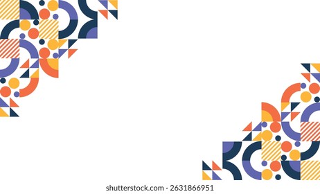 Design geométrico abstrato com formas laranja, amarela e azul em um fundo branco. O design é simétrico, com padrões semelhantes em cada canto.  O estilo é minimalista e moderno