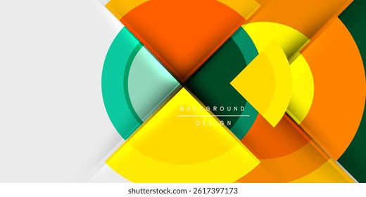 Abstract geometric design. Overlapping circles, squares create dynamic composition. Bright colors contrast with white space. Modern aesthetic.