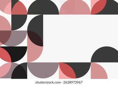 Abstract geometric design with overlapping circles and semicircles in red, black, and white. Modern and minimalist, this pattern creates a dynamic visual effect. Retro graphic vector.