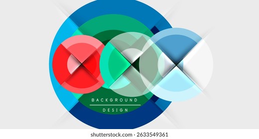 Abstract geometric design. Overlapping circles, squares create dynamic composition. Bright colors, gradients offer modern aesthetic.