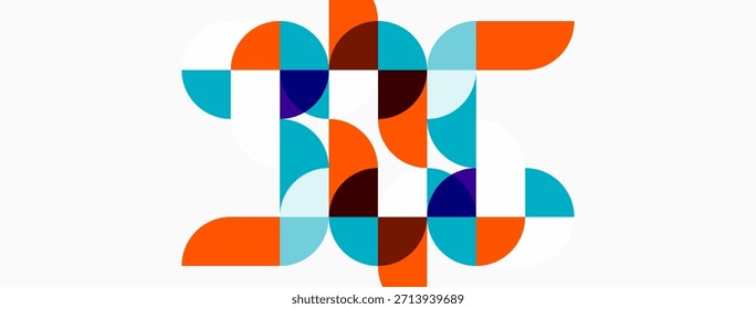Abstractas diseño geométrico. Los círculos superpuestos crean un patrón complejo. Los tonos naranja, verde azulado, azul marino y marrón dominan la composición. Estética moderna.