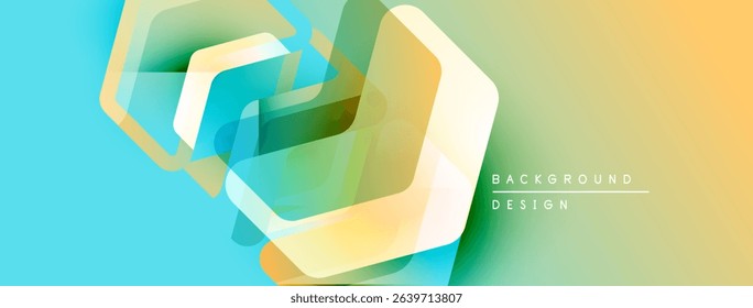 Abstract geometric design. Overlapping hexagons create vibrant gradient effect. Yellow, green, turquoise hues dominate composition. Modern visual style.
