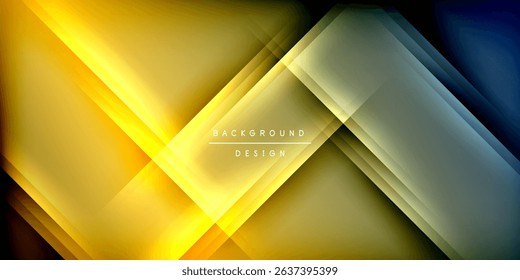 Abstract geometric design. Overlapping layers create dynamic light, shadow effects. Yellow, blue gradients dominate dark background. Modern aesthetic.