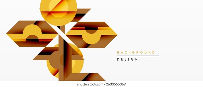 Abstract geometric design. Overlapping shapes create dynamic composition. Warm color palette dominates, featuring gold, brown tones. Modern aesthetic suitable for backgrounds.
