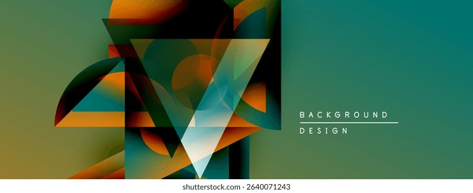 Abstract geometric design. Overlapping shapes create dynamic visual effect. Teal, orange, dark tones dominate composition. Modern background texture.
