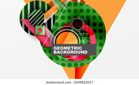 Abstract geometric design. Overlapping shapes create vibrant, modern composition. Green, orange, red, black dominate visual space.