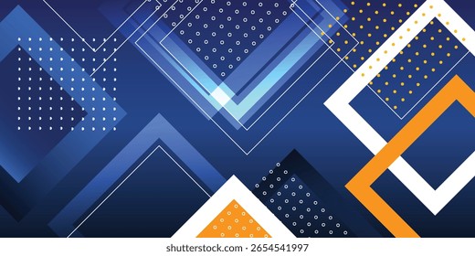 Abstract geometric design with overlapping shapes in blue, orange, and white.