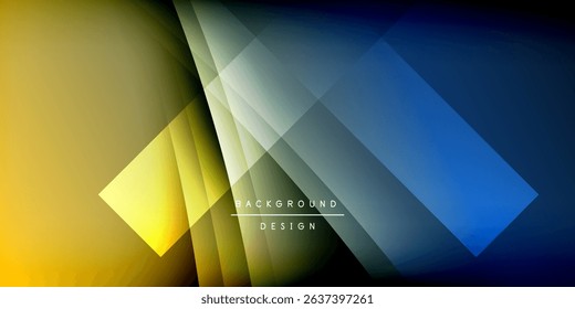 Abstract geometric design. Overlapping squares create dynamic light, shadow effects. Yellow, blue gradients dominate dark background. Modern aesthetic.