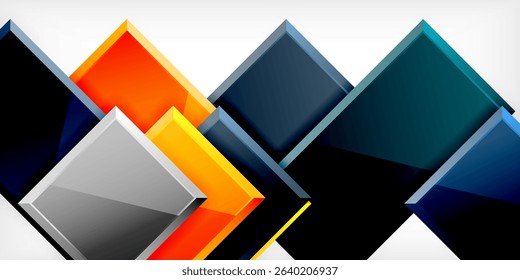 Abstract geometric design. Overlapping squares create dynamic composition. Bright colors contrast dark background. Modern, sleek aesthetic.