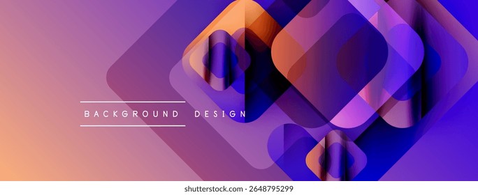 Abstract geometric design. Overlapping squares create dynamic visual effect. Gradient colors blend purple, orange, blue hues. Modern background texture.