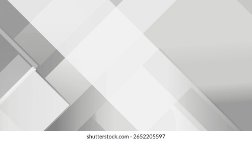 Abstraktes geometrisches Design mit überlappenden Quadraten und Rechtecken in Grau- und Weißtönen.