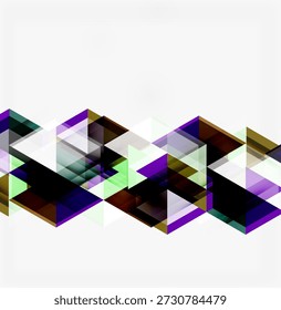 Abstractas diseño geométrico. Los cuadrados superpuestos, los triángulos crean un patrón dinámico. Los tonos morados, verdes y negros dominan la composición. Estilo minimalista.
