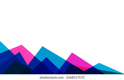 Abstract geometric design with overlapping triangles in shades of blue, pink, and purple, creating a dynamic and modern visual effect against a white background.