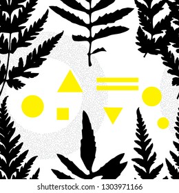 Abstract geometric design with plant elements on white background. Botanical seamless pattern or modern summer poster with leaf and grass shapes