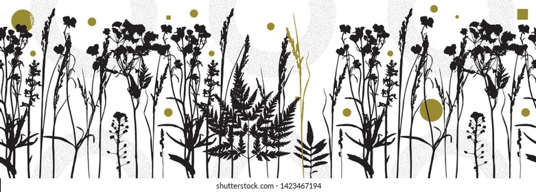 Abstract geometric design with plant elements on white background. Botanical seamless pattern or modern summer poster with leaf and grass shapes