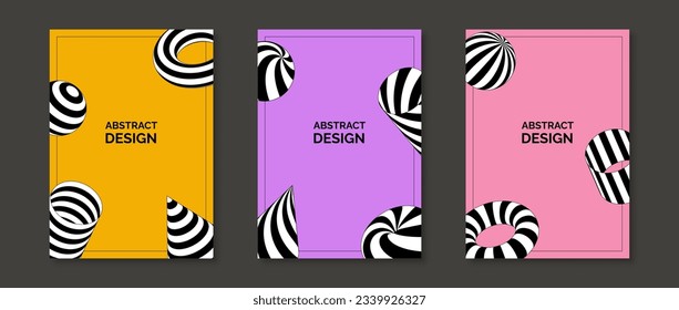 Abstract geometric design posters collection. 3d torus, cone, cylinder and sphere graphic elements shapes. Set of minimalistic retro style templates for cover, banner, invitation, flyer. Vector