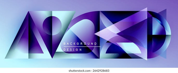 Abstract geometric design. Purple, blue hues dominate composition. Modern style, dynamic shapes create visual interest. Background element.
