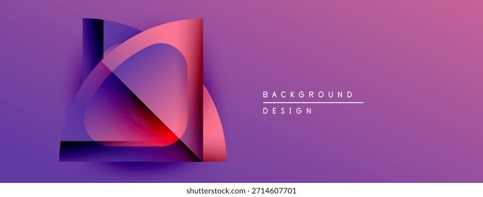 Projeto geométrico abstrato. O plano de fundo gradiente roxo apresenta formas em camadas, criando um efeito visual dinâmico. Apresentação moderna e elegante.