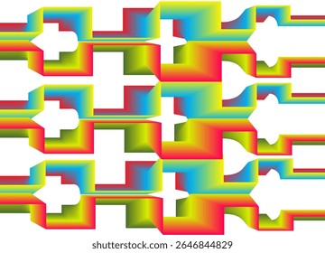 Abstract geometric design with rainbow gradient colored square shapes. The repetitive pattern creates the illusion of depth and dimension, giving a futuristic and modern impression in a digital style