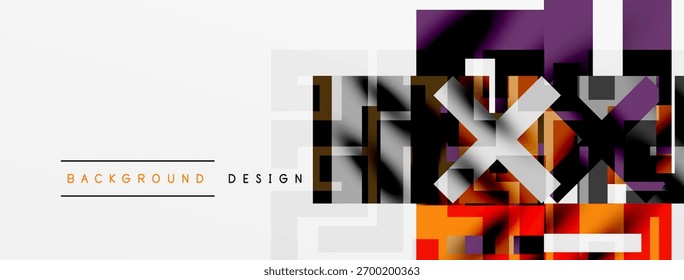 Abstract geometric design. Rectangles overlap, creating dynamic visual effect. Gray, purple, orange hues dominate composition. Modern background texture.