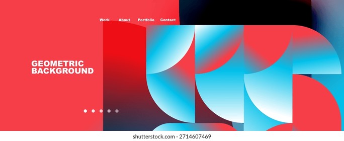 Abstractas diseño geométrico. Los Gradientes rojos y azules crean un impacto visual dinámico. El encabezado del Sitio web incluye opciones de navegación. Estética moderna.