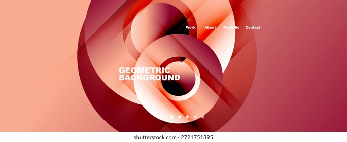 Abstraktes geometrisches Design. Rote, orangefarbene Farbtöne erzeugen dynamische Ebenen. Website-Navigation sichtbare Arbeit, über, Portfolio, Kontakt. Moderne Ästhetik.