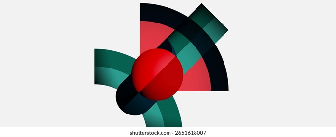 Projeto geométrico abstrato. Esfera vermelha cruza linhas curvas, tons de azul-petróleo e rosa dominam o fundo branco. Composição minimalista.