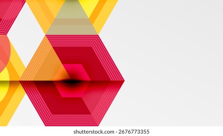 Projeto geométrico abstrato. Tons vermelhos e amarelos dominam a composição. Hexágonos, linhas criam efeito visual dinâmico. Estilo minimalista.