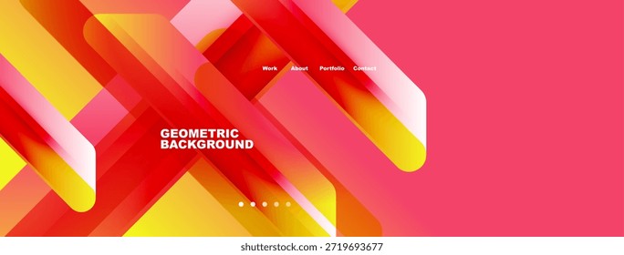Abstractas diseño geométrico. Los Gradientes rojos y amarillos dominan. Menú de navegación presente. Estética moderna, líneas limpias, colores vibrantes.