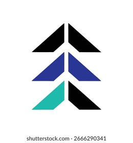 Design geométrico abstrato que lembra uma árvore estilizada ou setas apontando para cima em preto, azul e azul-petróleo sobre um fundo branco.