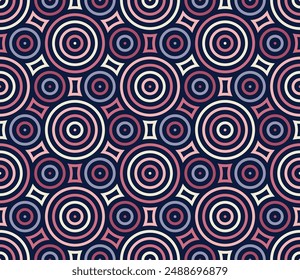 Abstract geometric design in retro style with multicolored concentric circles and rings in black, pink, violet, and white. Elegant texture. Seamless repeating pattern.