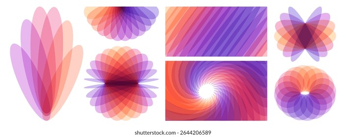 Projeto geométrico abstrato. Rotação e movimento giratório. Design de tela moderno para aplicativo móvel e web. Ilustração de diferentes elementos sobrepostos. Vetor para faixa, cartaz, cartaz ou folheto.