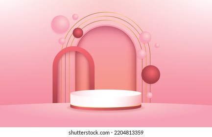 Resumen de diseño geométrico con conjunto de podio realista de cilindro blanco y rojo, fondo de forma de arco y bolas de esfera. 
Escena Pastel para presentación de productos.
Ilustración del vector EPS10. 