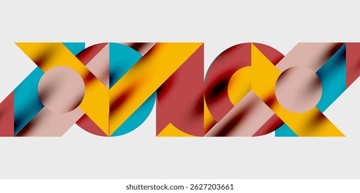 Abstract geometric design. Shapes overlap, creating dynamic visual texture. Colors include yellow, red, pink, blue. Modern aesthetic.