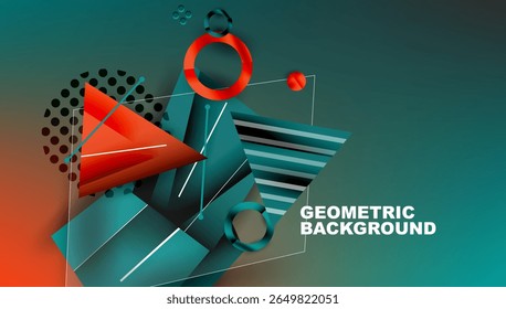Abstract geometric design. Shapes overlap, creating dynamic visual effect. Teal, red, black colors dominate composition. Modern style.