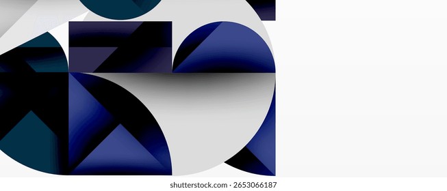 Projeto geométrico abstrato. As formas se sobrepõem, criando composição dinâmica. Azul escuro, cinzas, branco dominam o espaço visual. Estética moderna.